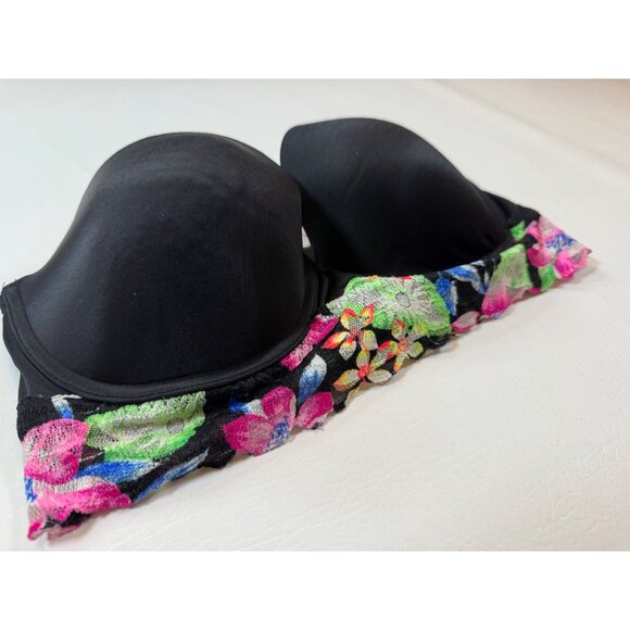 Victorias Secret Pink Black Strapless Bra 36D Floral Print Lace Trim (bin LL145) - Picture 2 of 7